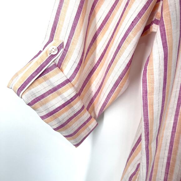 NEW NWT $99 Chicos Large 2 100% LINEN Gold Shimmer Stripe Blouse Shirt Top Beach - Picture 7 of 10